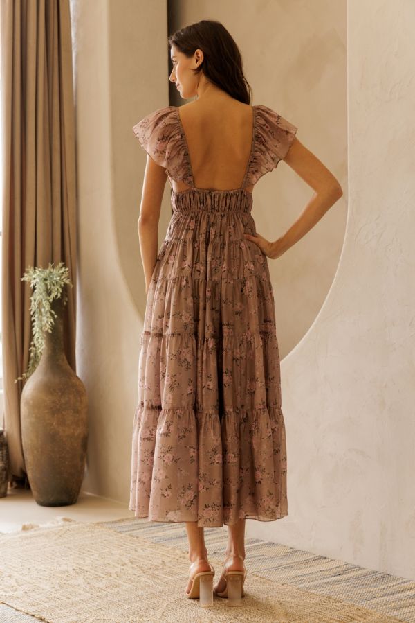 Mauve Floral Flutter Tiered Midi Dress