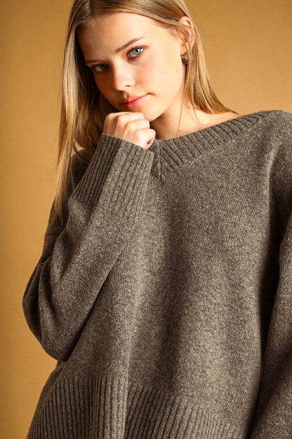 Wide Hem V-Neck Sweater | Mocha