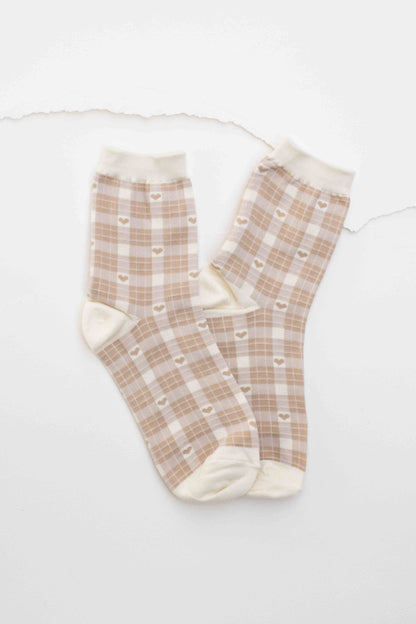 Plaid Heart Socks | Beige