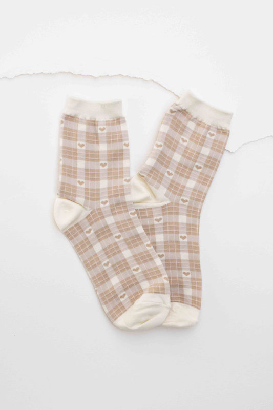 Plaid Heart Socks | Beige