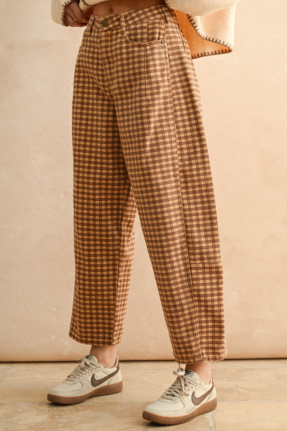 Mini Checkered Barrel Pants | Camel