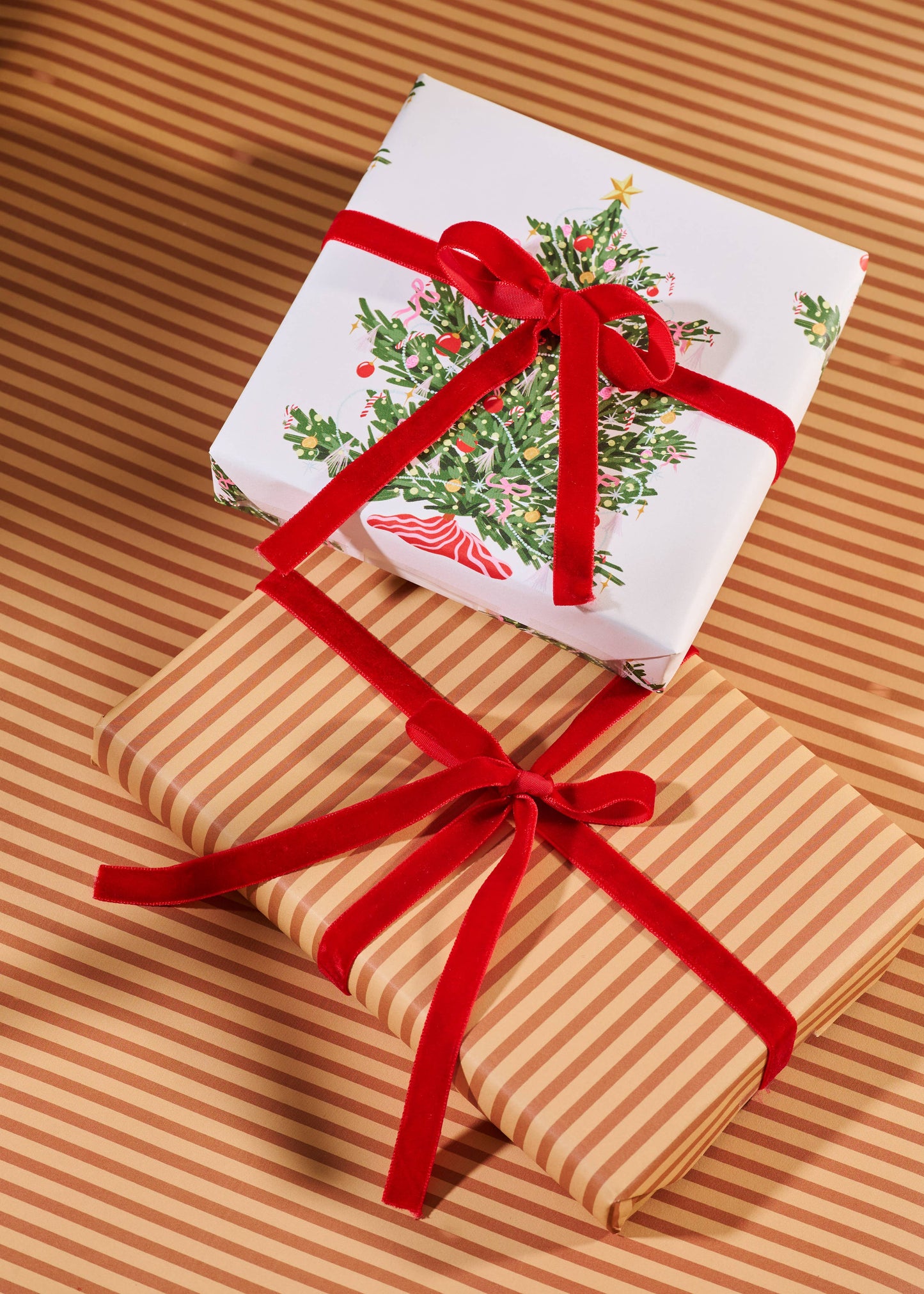 Christmas Tree Toffee Stripe Double Sided Gift Wrap | Roll of 3 Sheets