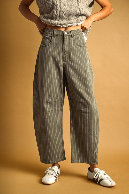 Pinstripe Barrel Denim | Olive