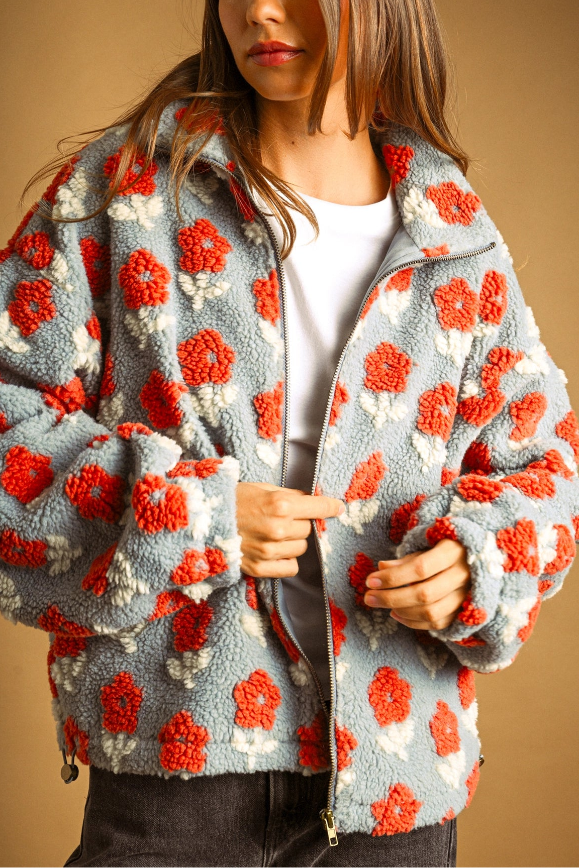 Rust Flower Sherpa Jacket