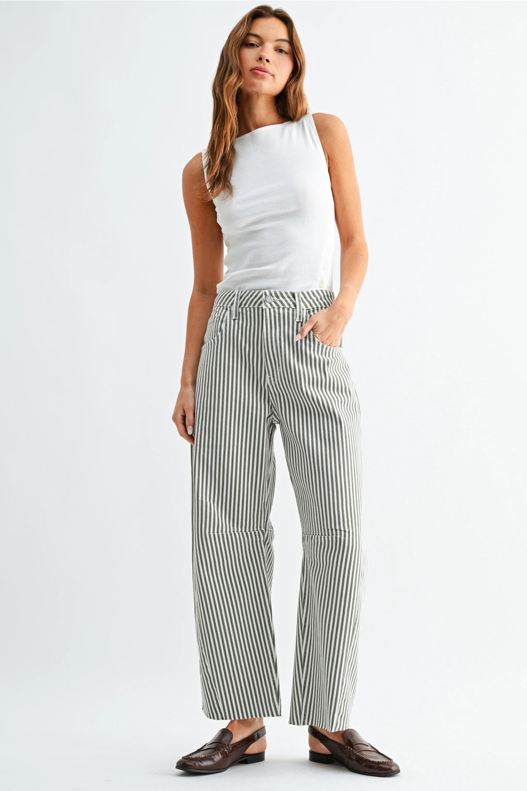 High Rise Barrel Leg Denim | Olive Stripe