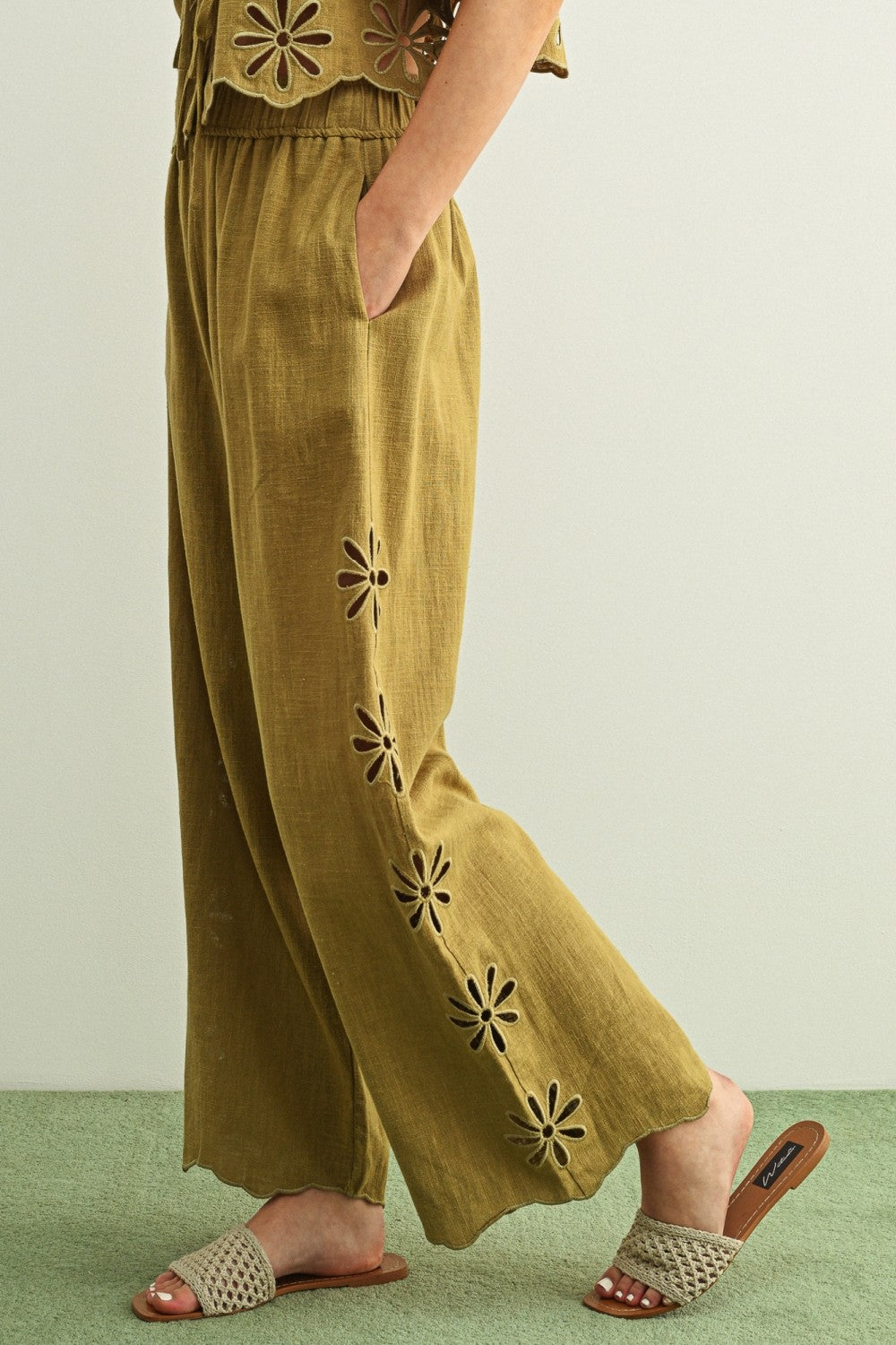 Floral Cut Out Pants | Green Fig