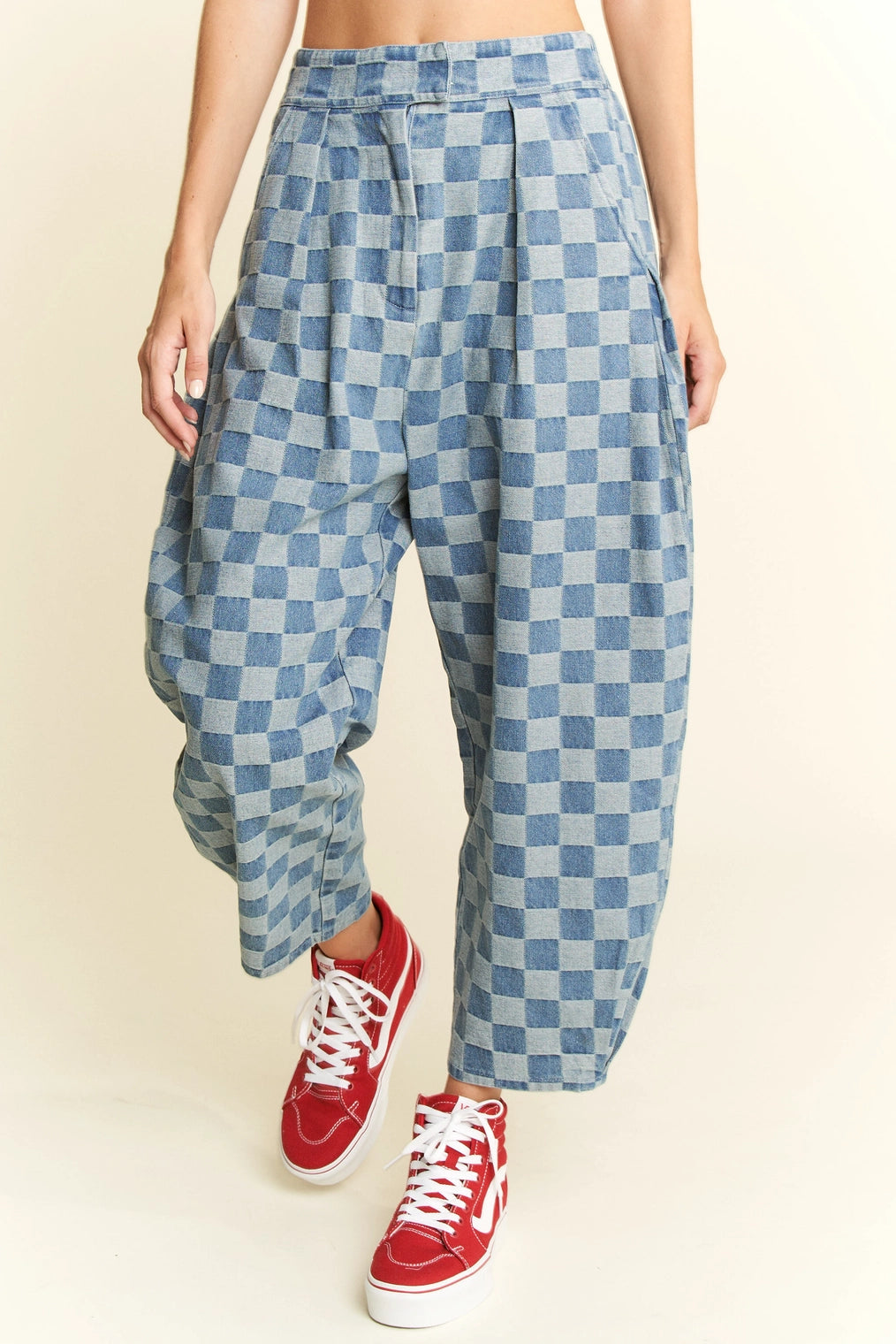 Denim Checkered Barrel Pants