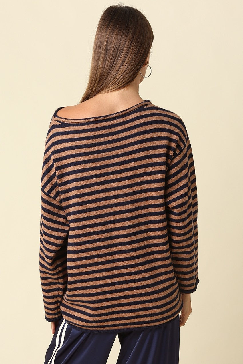 Boatneck Stripe Sweater | Navy + Mocha