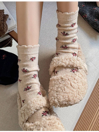 Tiny Ditsy Floral Winter Socks | Beige