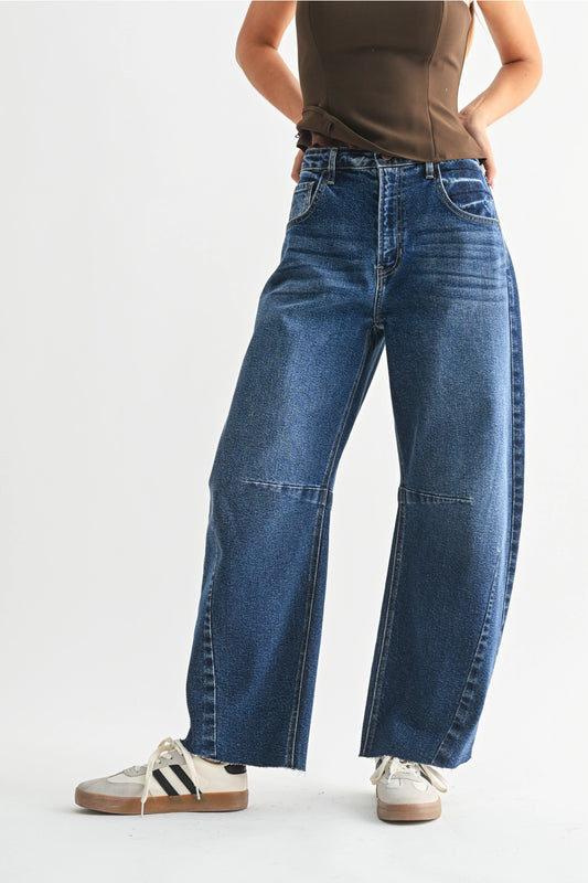 High Rise Barrel Leg Denim | Dark Wash