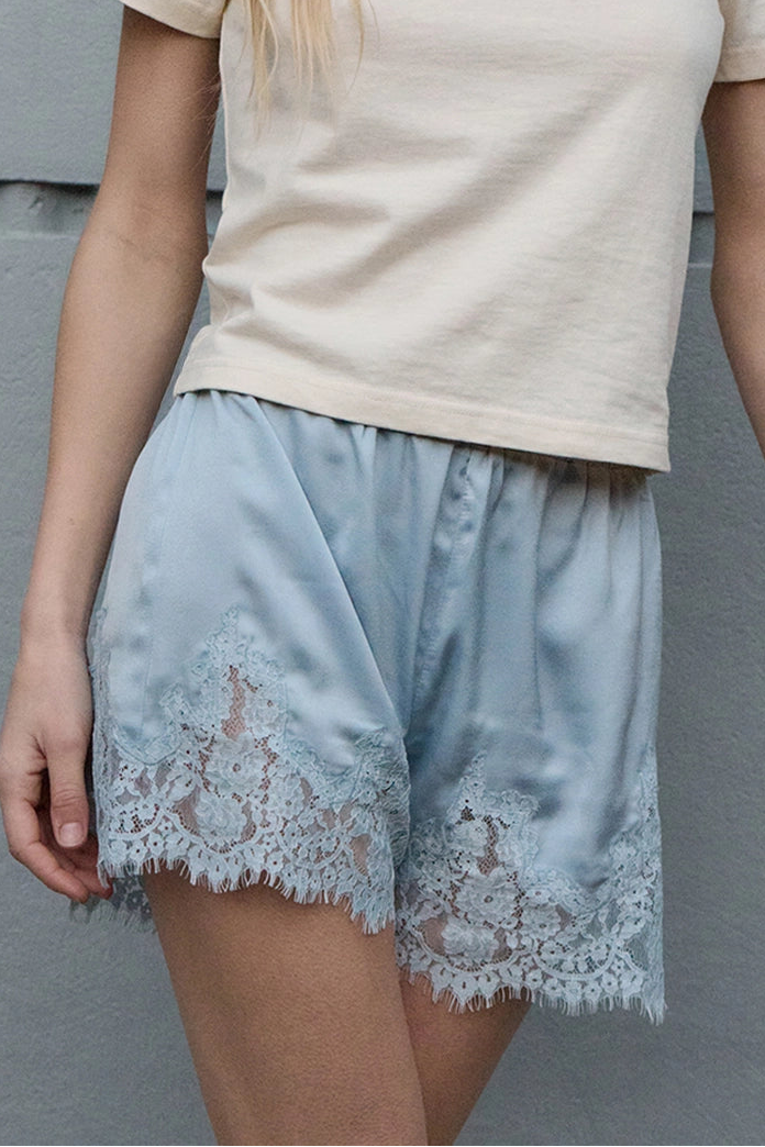 Lace Trim Satin Shorts | Blue