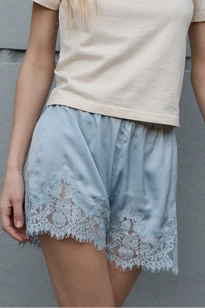 Lace Trim Satin Shorts | Blue