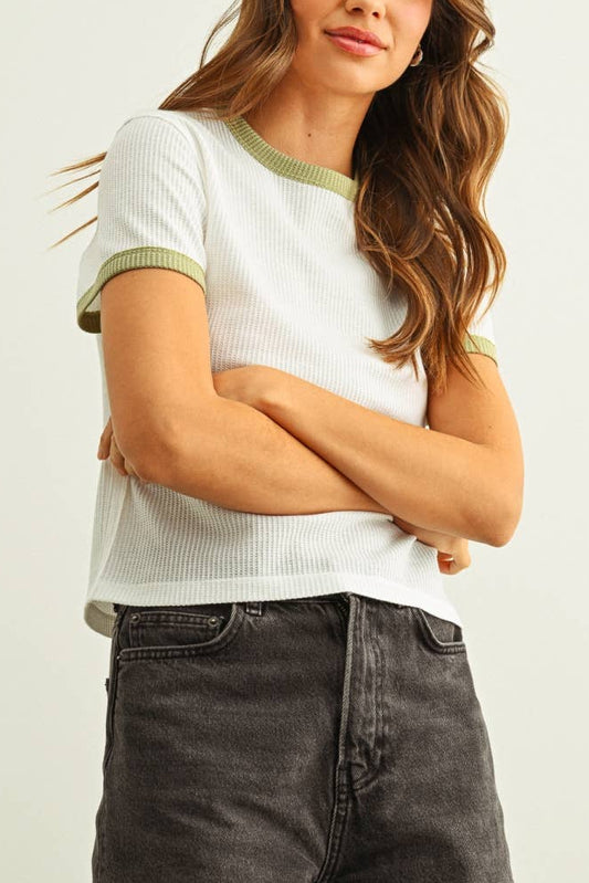 Color Trim Waffle Tee | Sage