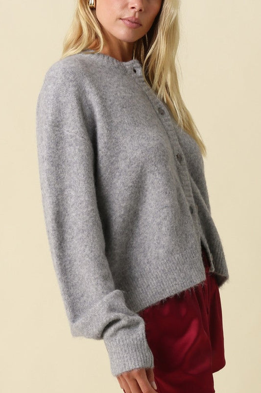Fuzzy Button Front Cardigan | Grey