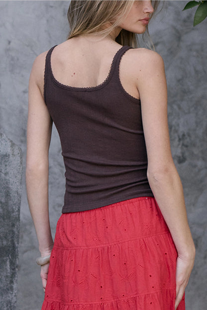 Pointelle Button Front Tank Top | Brown