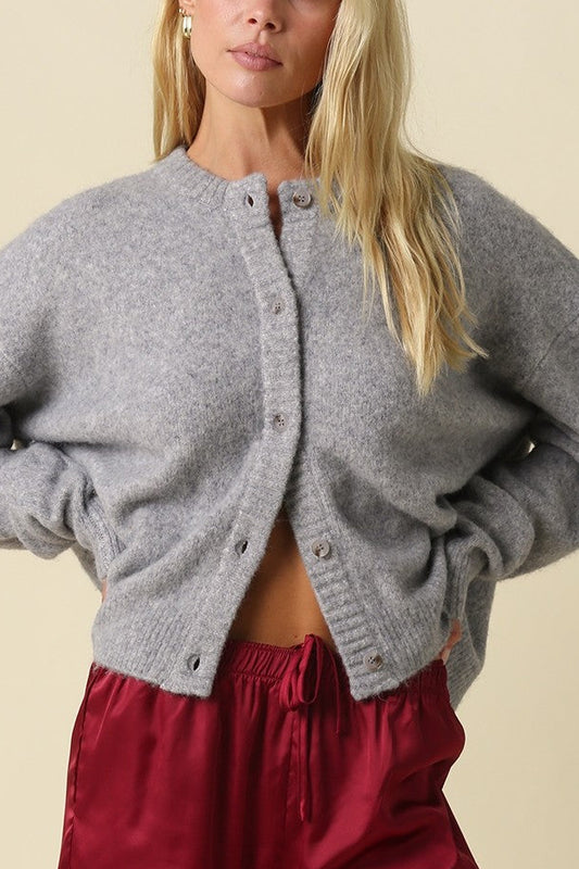 Fuzzy Button Front Cardigan | Grey