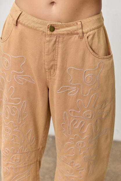 Embroidered Twill Barrel Pants | Camel
