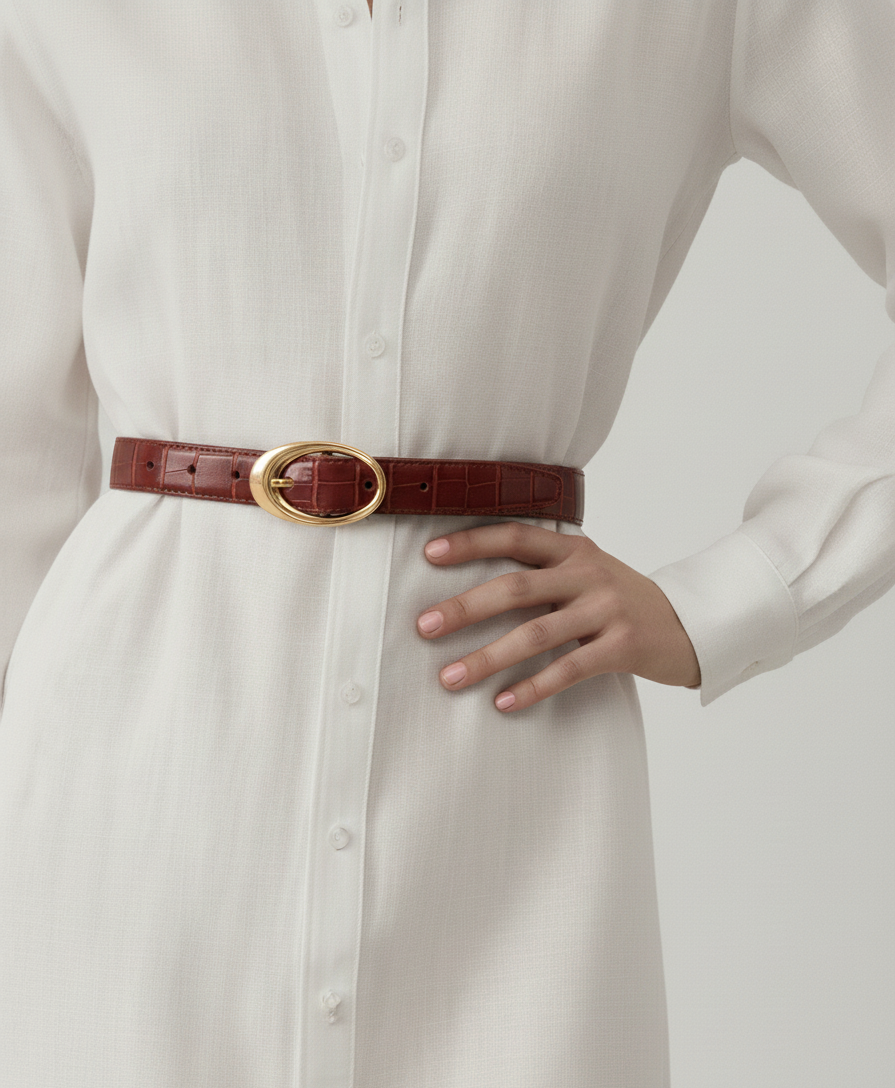 Croco Belt with Oval Buckle | Burgundy