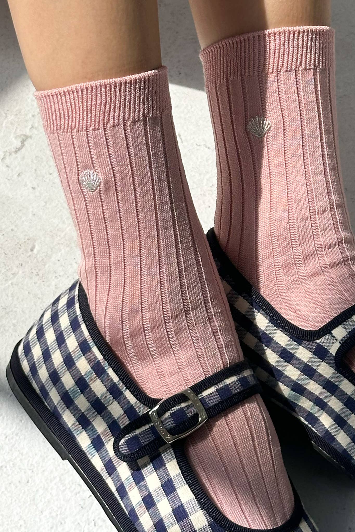 Embroidered Her Socks | Pink + Silver Seashell