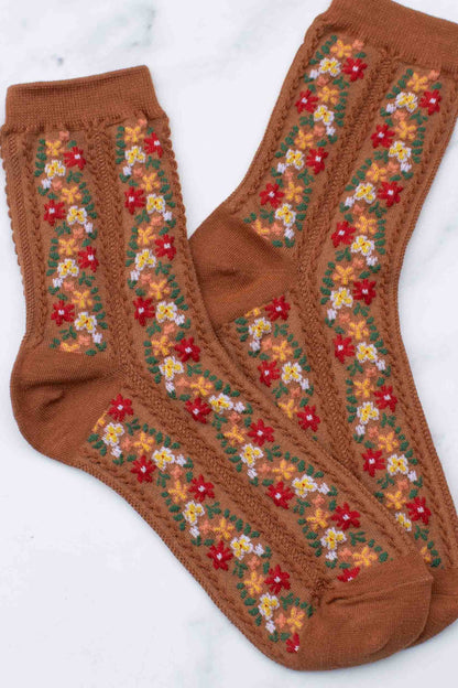 Floral Vine Crew Socks | Rust