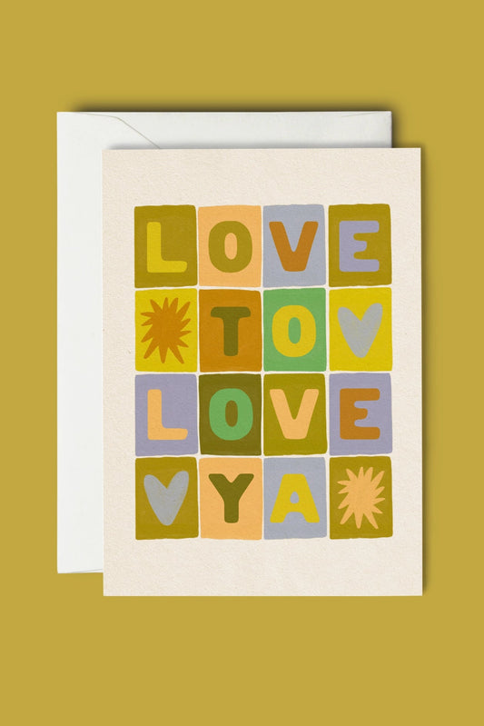 Greeting card with colorful text design on a yellow background