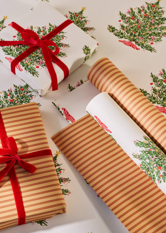 Christmas Tree Toffee Stripe Double Sided Gift Wrap | Roll of 3 Sheets