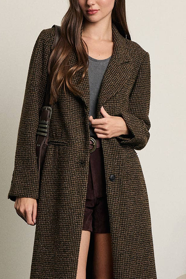 Wool Houndstooth Long Coat