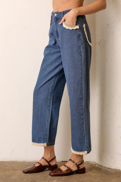 Crochet Trim Straight Leg Denim