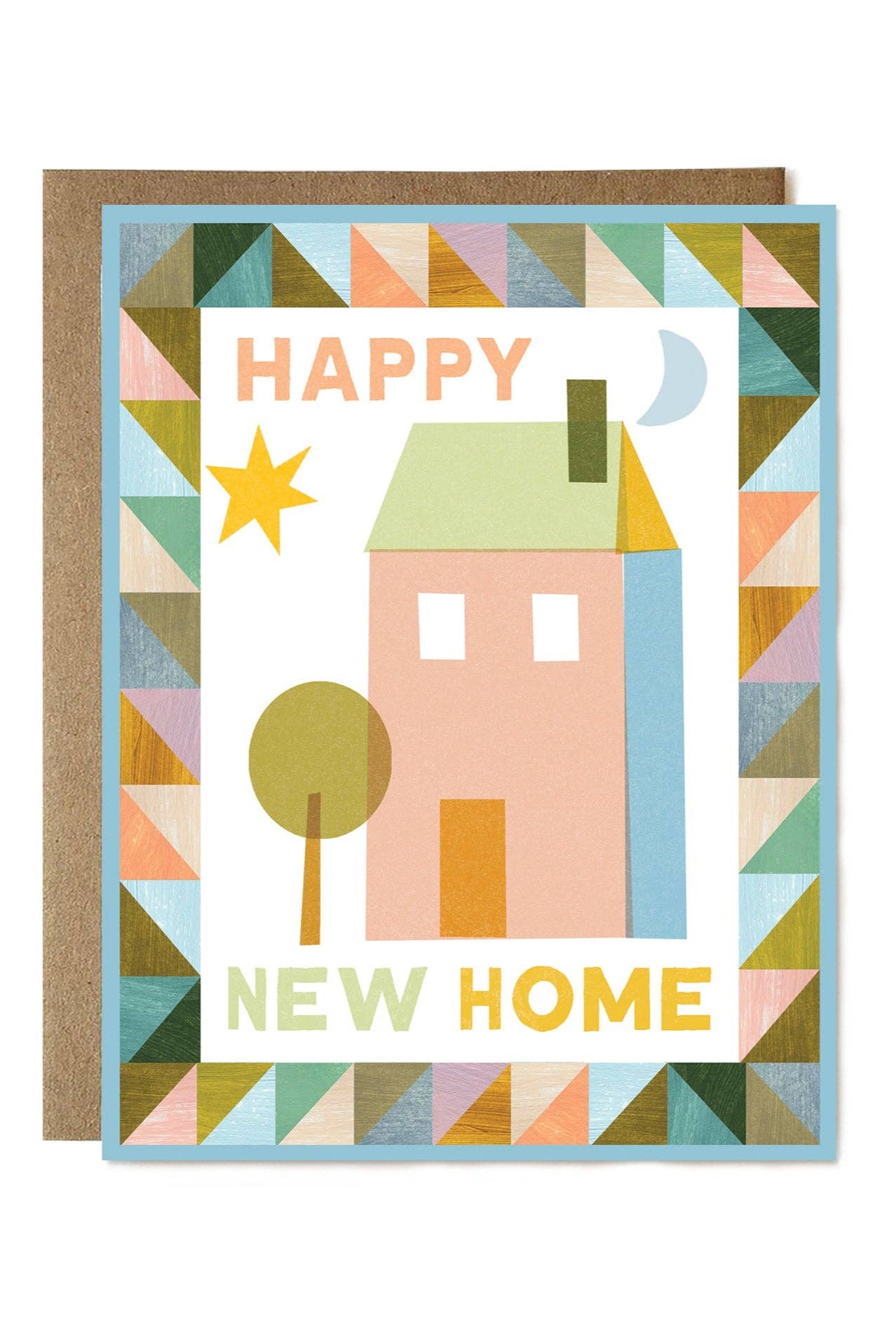 Greeting card with geometric house design and 'Happy New Home' text on a white background