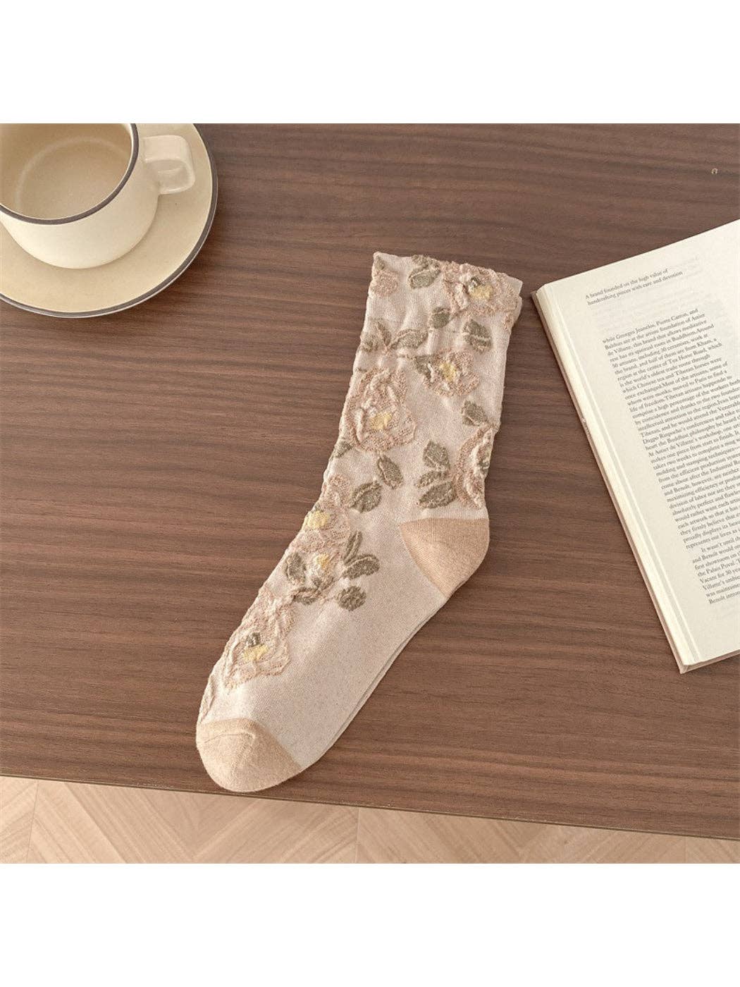 Rose Embroidered Crew Socks | Khaki