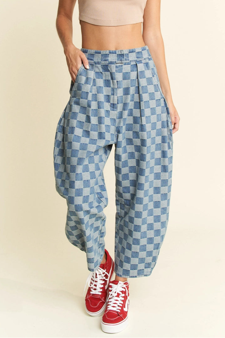 Denim Checkered Barrel Pants