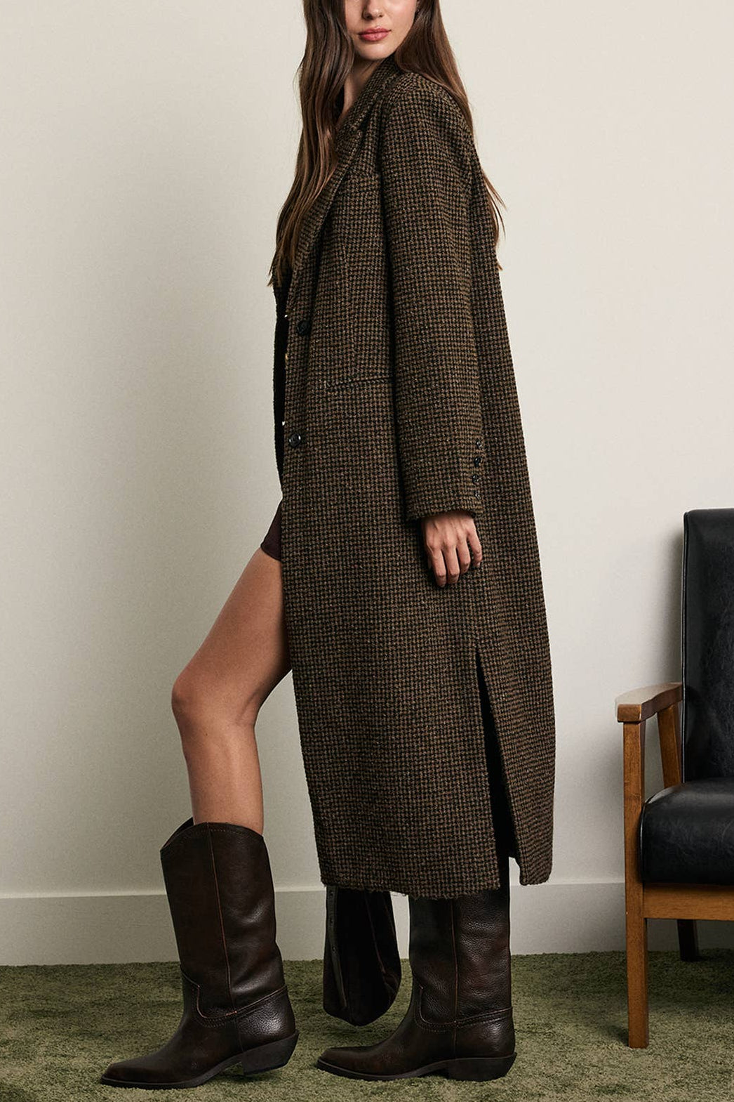 Wool Houndstooth Long Coat