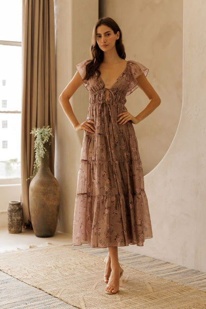 Mauve Floral Flutter Tiered Midi Dress