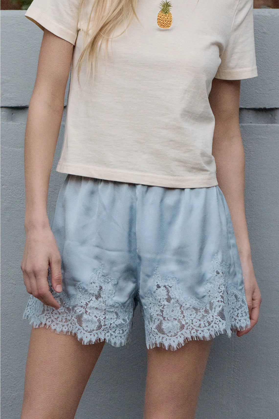 Lace Trim Satin Shorts | Blue