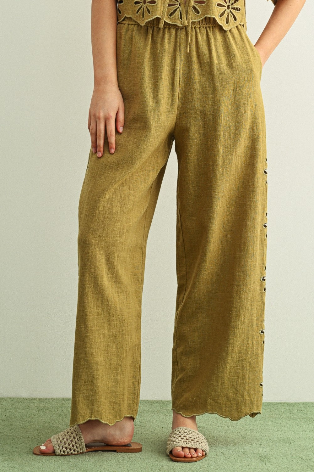 Floral Cut Out Pants | Green Fig