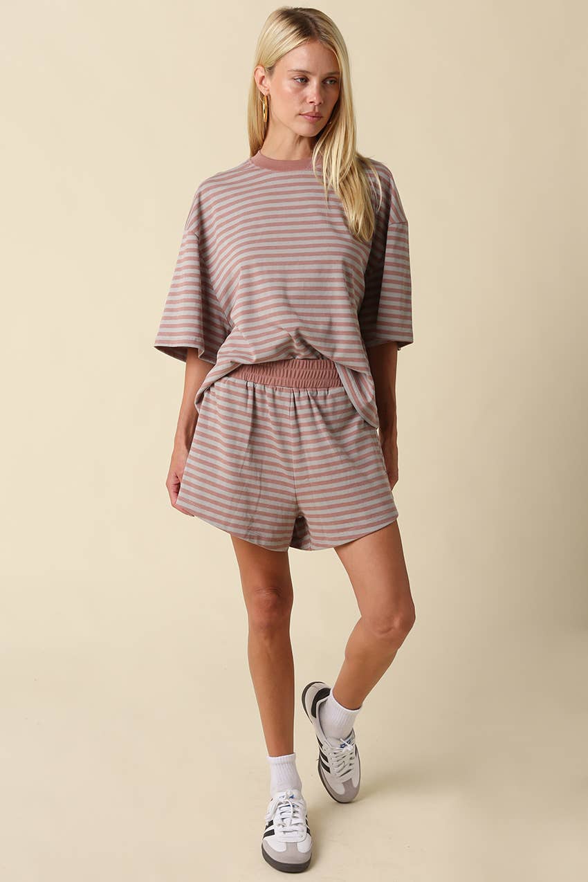 Lena Striped Relaxed Tee | Grey + Mauve