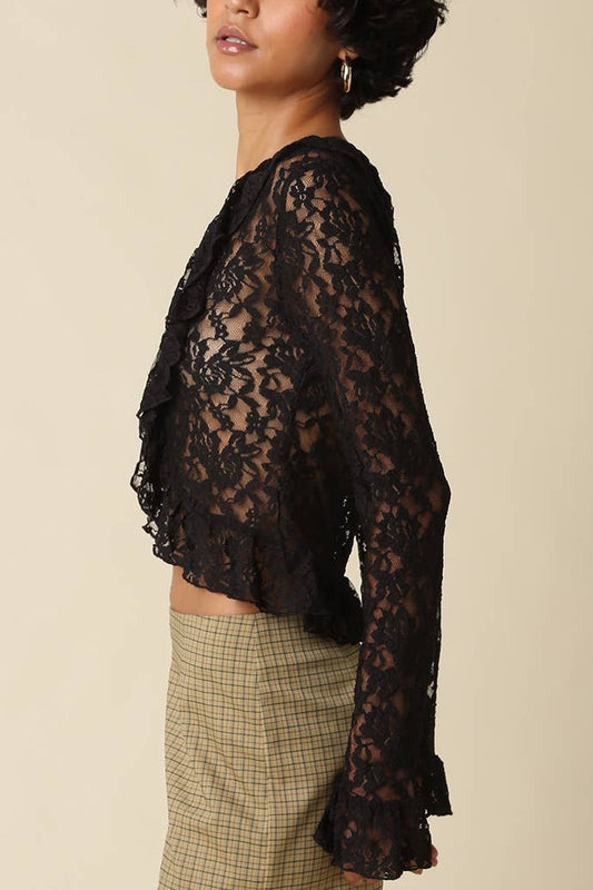 Melanie Lace Ruffle Top | Black