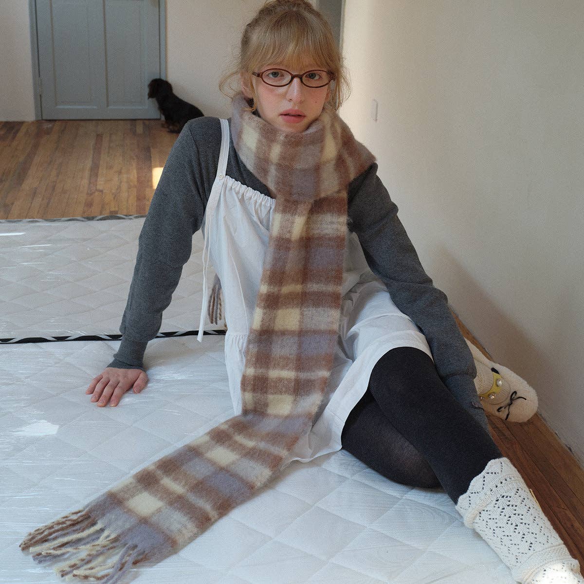 Plaid Wool Blend Scarf | Cream and Blue