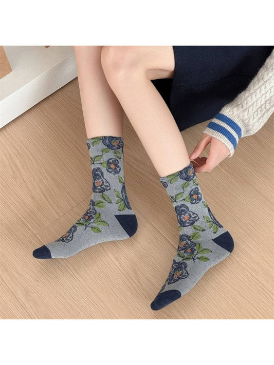 Rose Embroidered Crew Socks | Navy