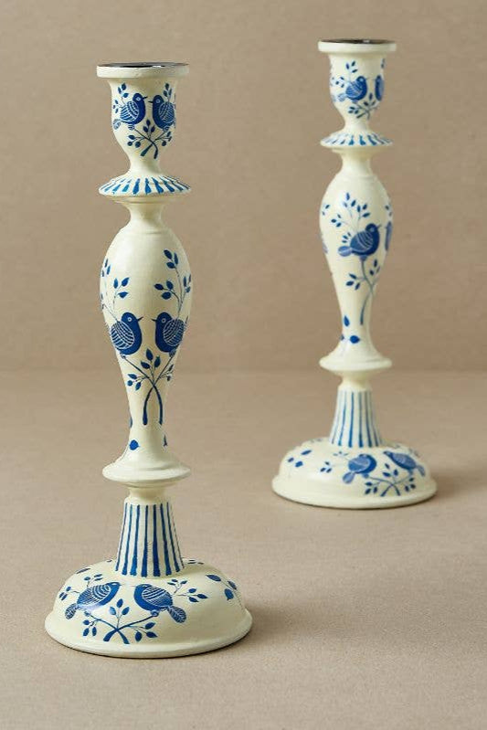 12" Candle Stick Holder | Ivory & Blue Birds