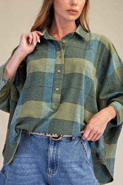 Oversized Dolman Sleeve Plaid Shirt | Teal Green | Extended