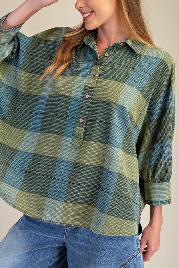 Oversized Dolman Sleeve Plaid Shirt | Teal Green | Extended