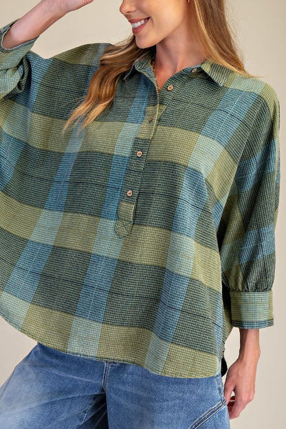 Oversized Dolman Sleeve Plaid Shirt | Teal Green | Extended