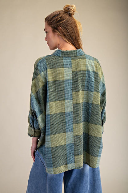 Oversized Dolman Sleeve Plaid Shirt | Teal Green | Extended