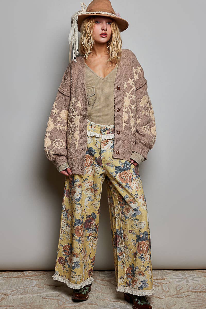 Vintage Floral Embroidered Cardigan | Latte
