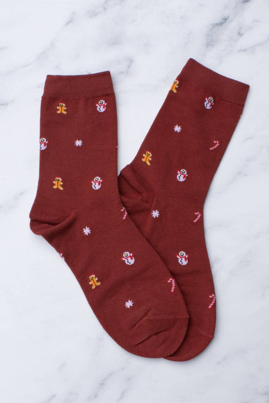 Gingerbread + Snow People Socks | Burgundy