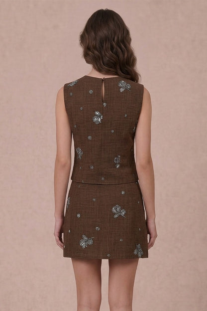 Quinn Embroidered + Beaded Mini Skirt | Brown