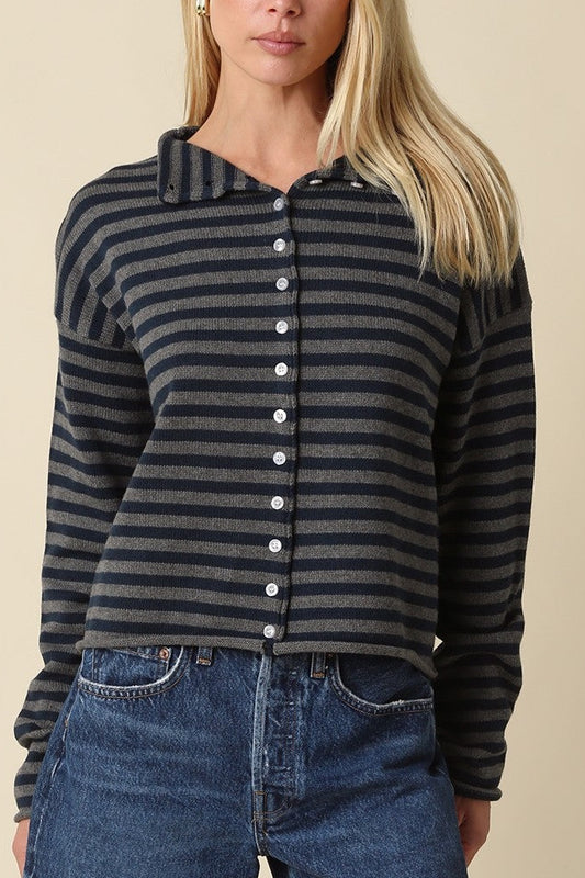 Basic Stripe Cardigan | Dark Grey + Navy