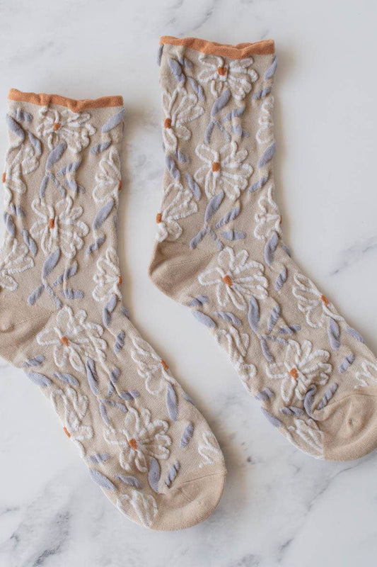 Vintage Floral Socks | Taupe + Rust