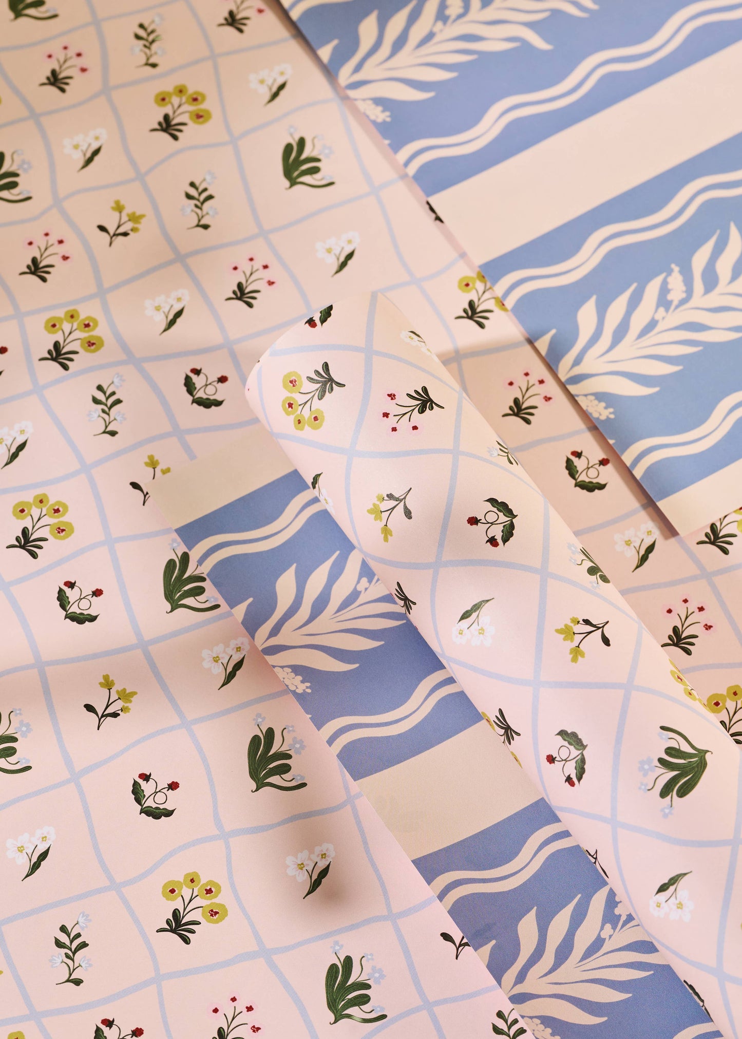 Floral Trellis and Blue Vine Stripe Double Sided Gift Wrap | Roll of 3 Sheets